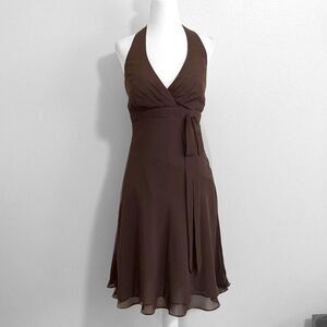 Vintage 90s Alfred Angelo Brown Flowy Chiffon Smock Back Halter Dress | Size 10